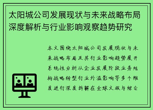 太阳城公司发展现状与未来战略布局深度解析与行业影响观察趋势研究 太阳城公司发展现状与未来战略布局深度解析与行业影响观察趋势研究